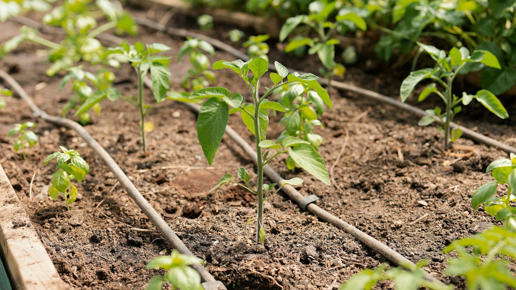 Drip irrigation lines watering young plants
